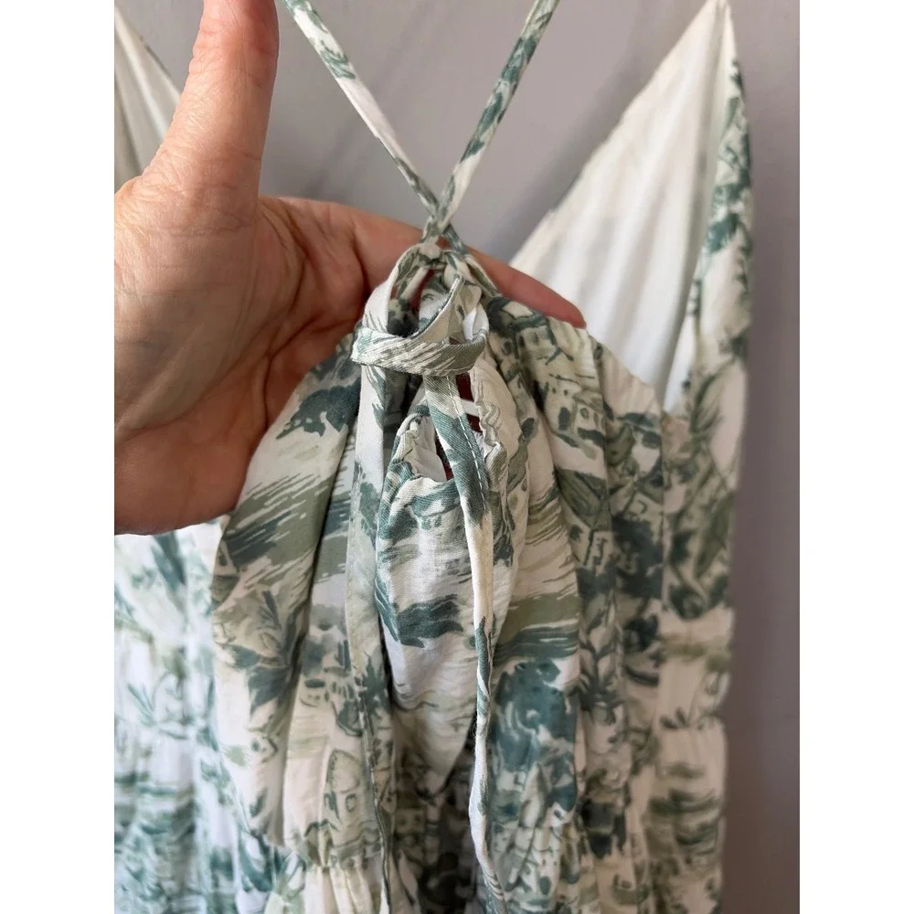 Abercrombie & Fitch Green Tropical Toile Tiered Maxi Dress Large Back Tie V-Neck